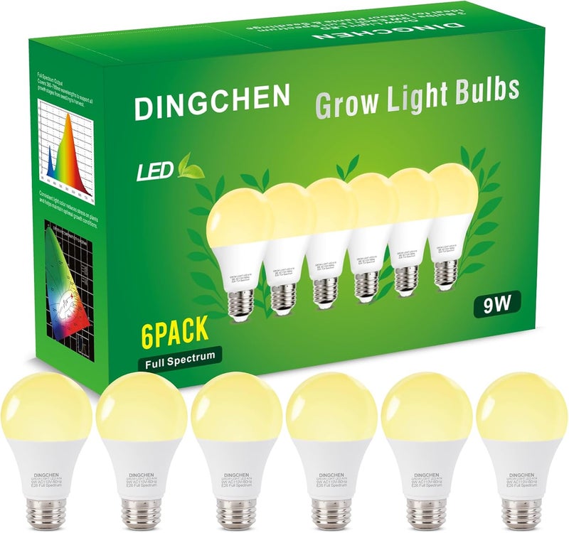 DingChen Grow Light Bulbs, A19 Full Spectrum Light Bulb, 9W Plant Grow Lights Bulbs (100W Equivalent), E26 Base, for Indoor Plants, Herbs, Flowers, Vegetables, 6 Pack - Image 1